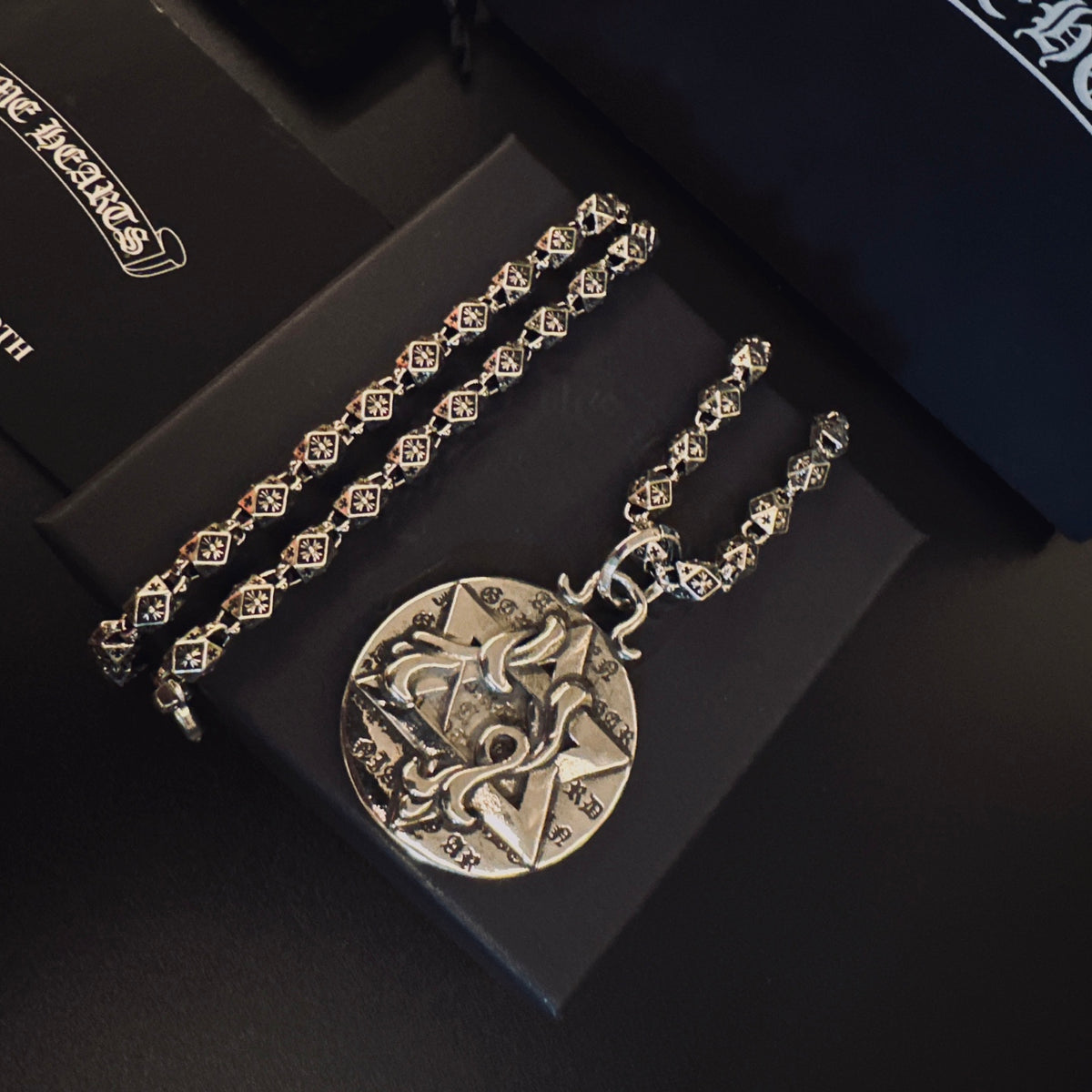 Gothic Emblem Pendant Necklace in Metal-Tone – Design 31 styled product view
