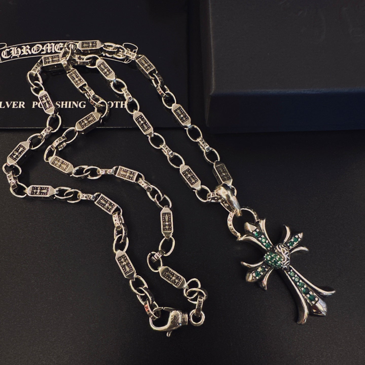 Gothic Emblem Pendant Necklace in Antique Silver-Tone – Design 12 close-up detail