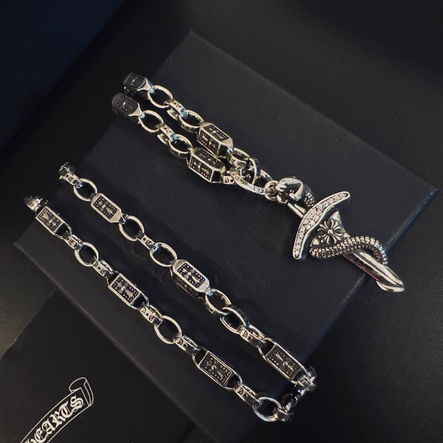 Gothic Emblem Pendant Necklace in Antique Silver-Tone – Design 10 styled product view