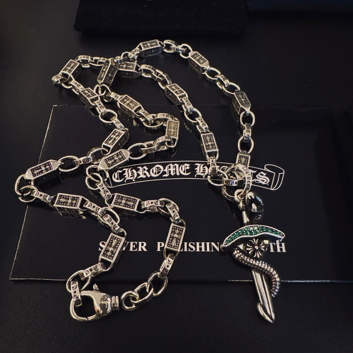 Gothic Emblem Pendant Necklace in Antique Silver-Tone – Design 09 detail view