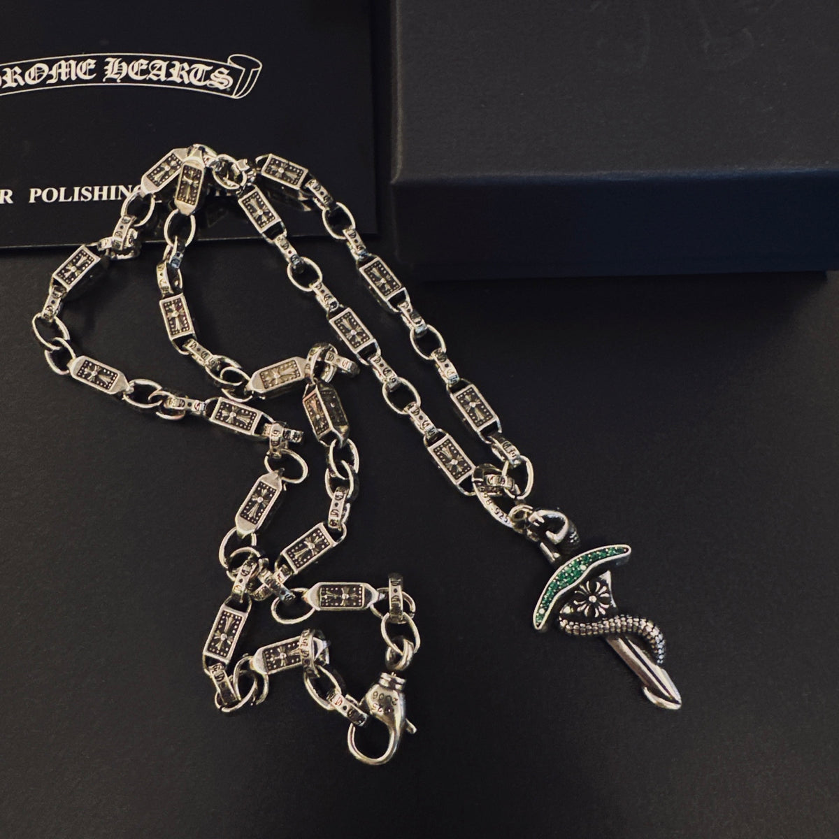 Gothic Emblem Pendant Necklace in Antique Silver-Tone – Design 09 detail view