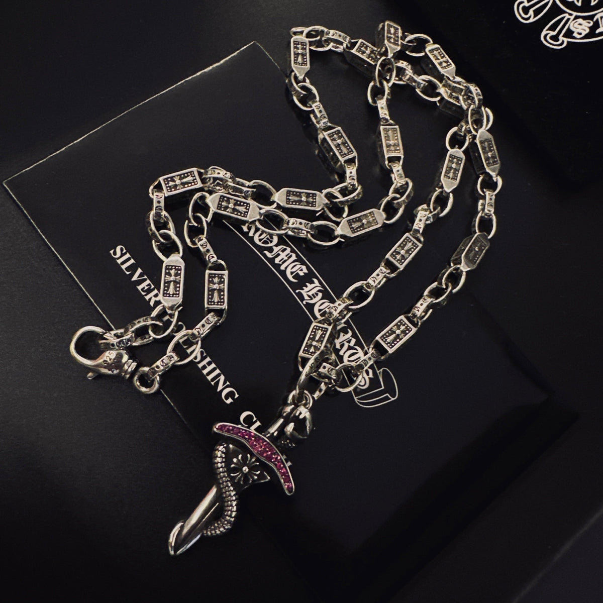 Gothic Emblem Pendant Necklace in Antique Silver-Tone – Design 08 close-up detail