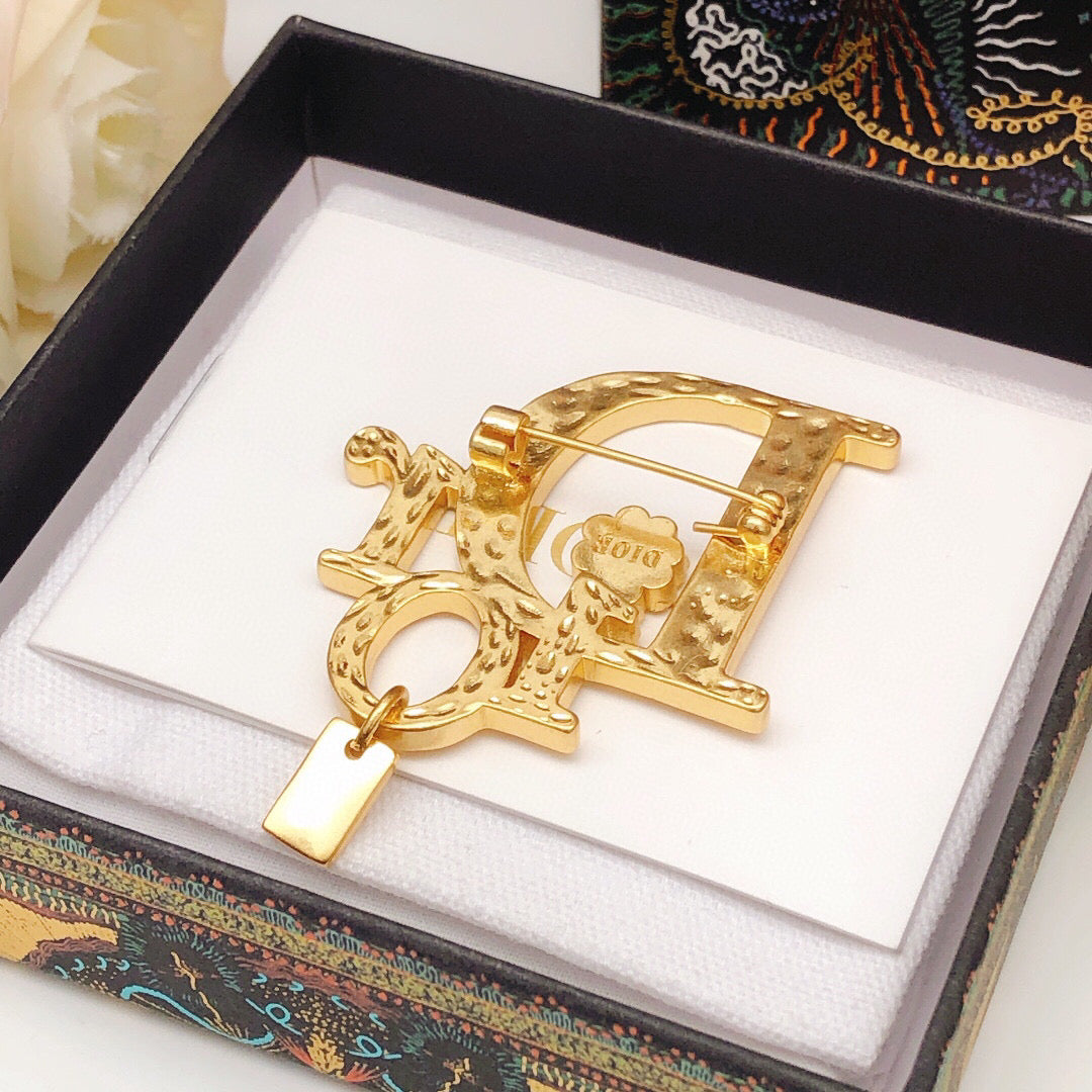 Graphic Letter Motif Brooch Pin in Polished Metal-Tone – Design 007 styled view