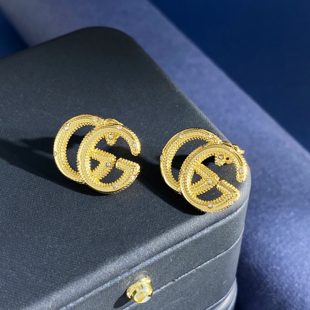 Double-G Emblem Stud Earrings in Gold-Tone – Design 005 front product view
