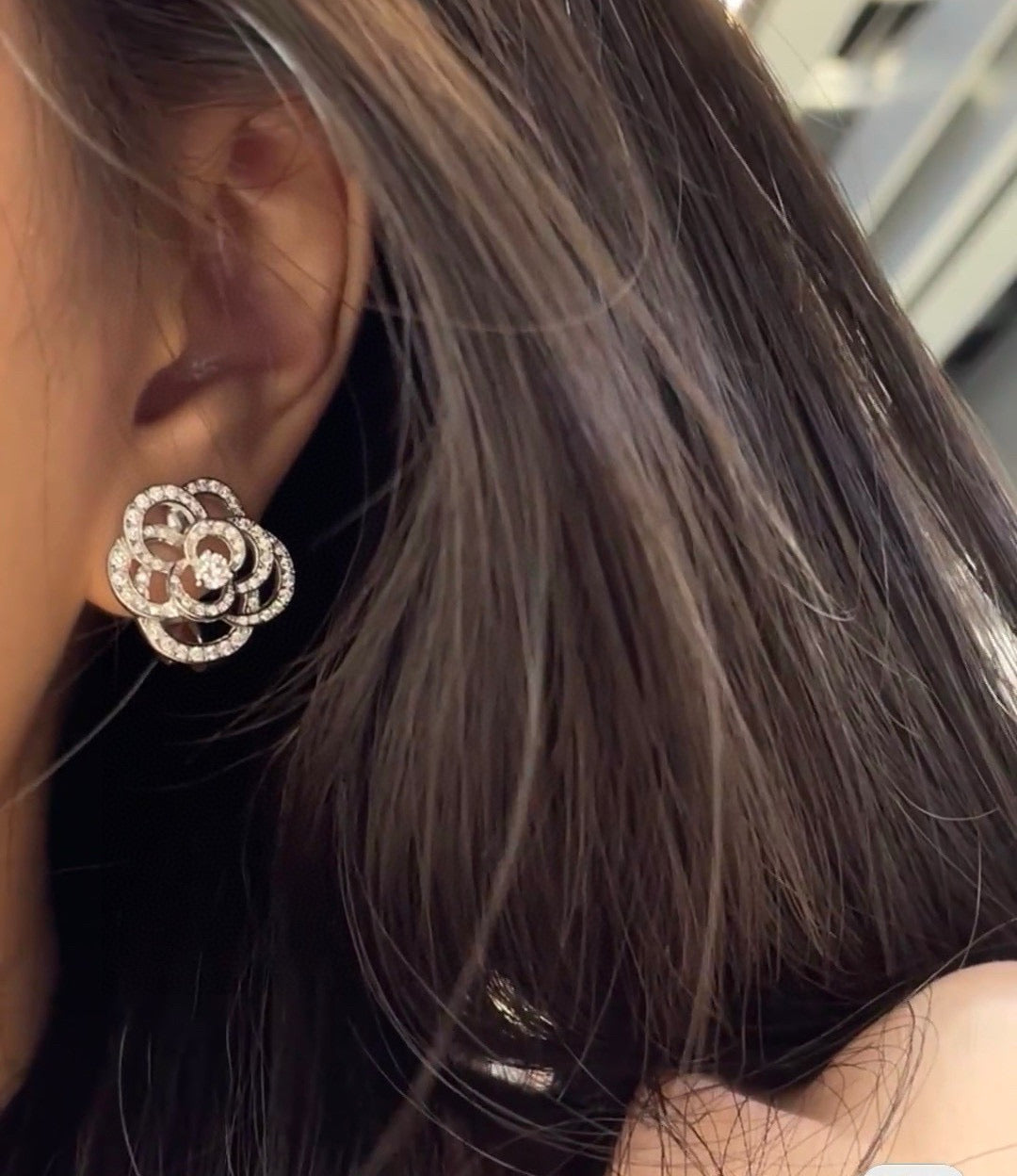 Camellia Stud Earrings in Gold-Tone – Camellia Detail – Design 006 styled product view