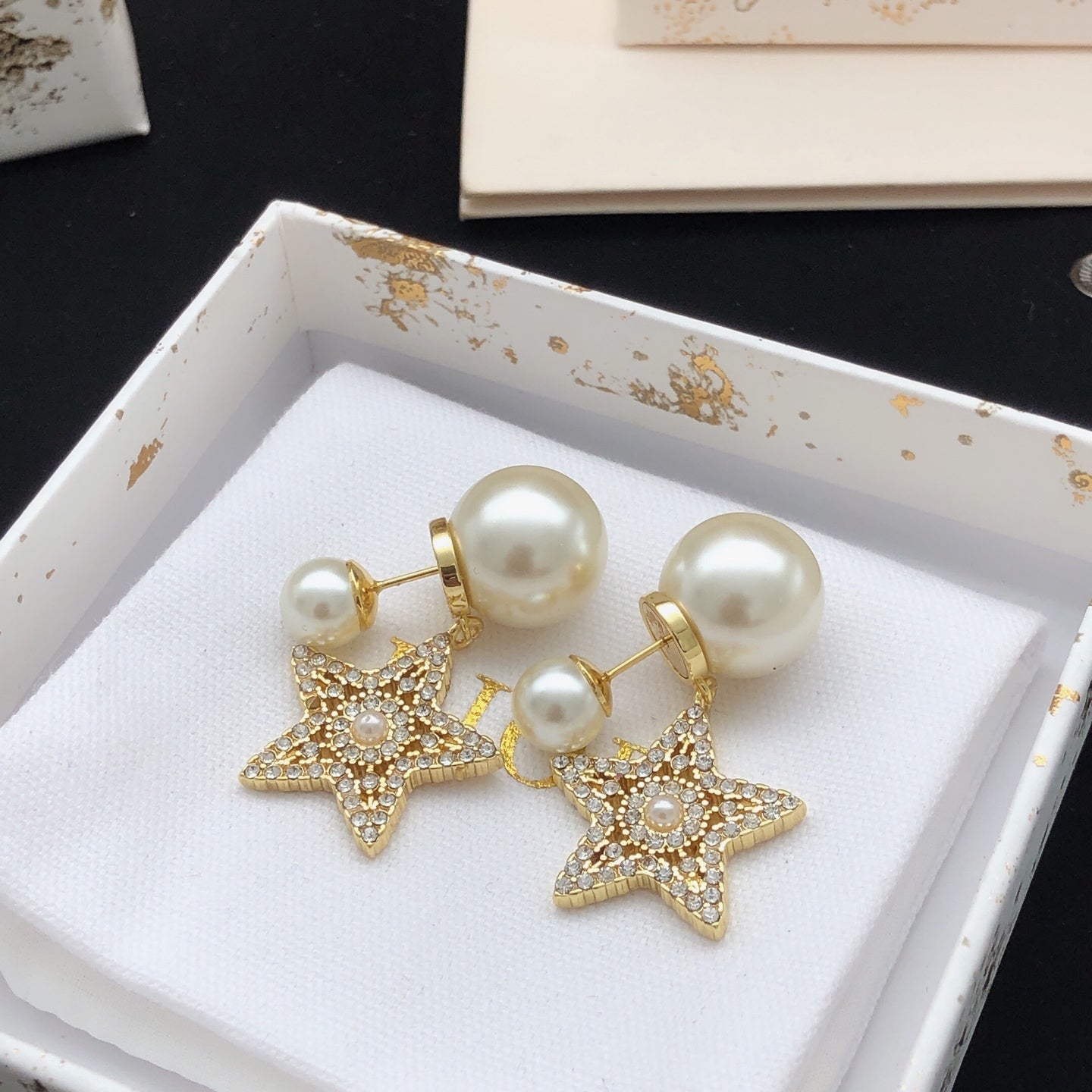 Star Motif Stud Earrings in Polished Metal-Tone – Design 004 front view