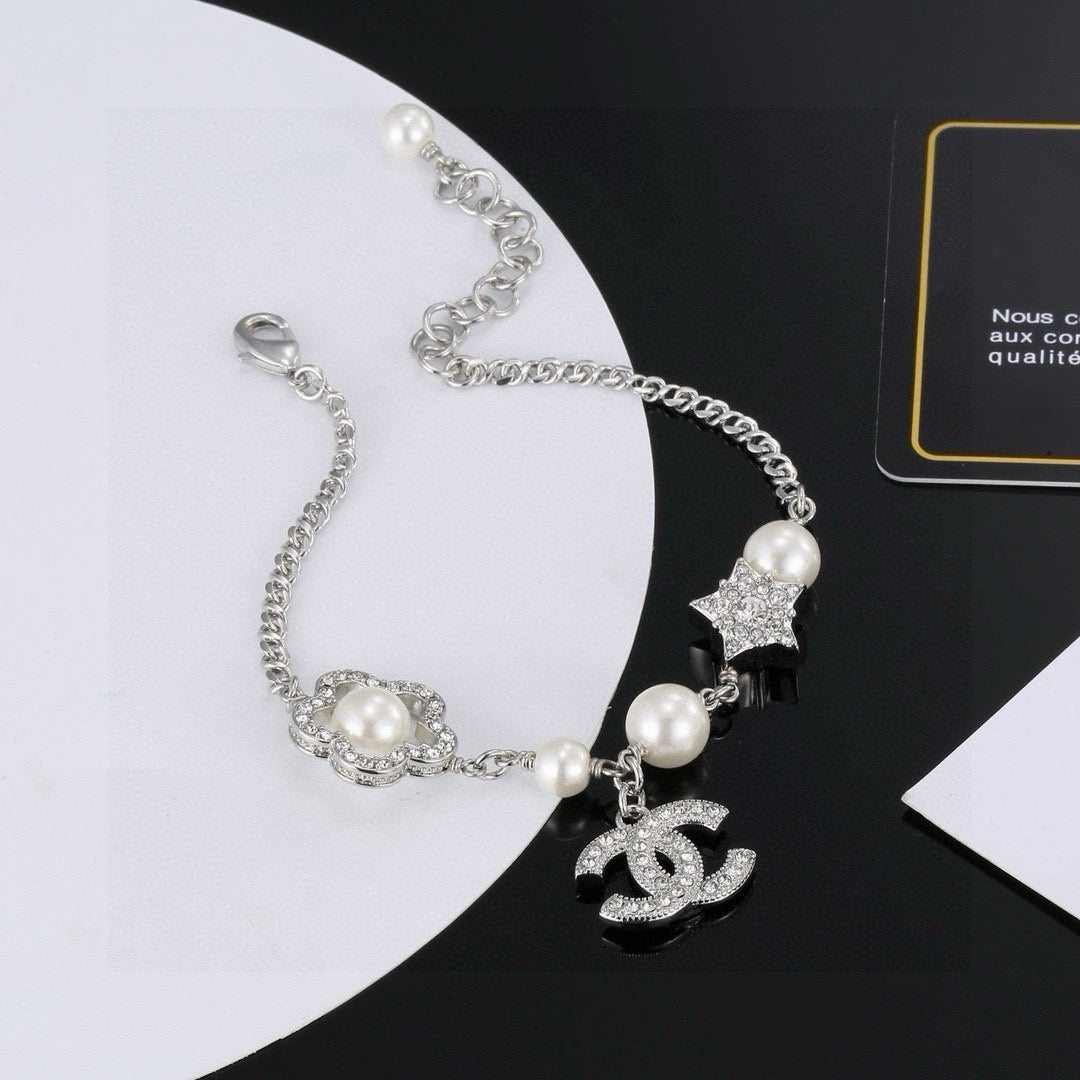 Camellia Bracelet in Polished Metal-Tone – Pearl Detail – Design 002 front product view