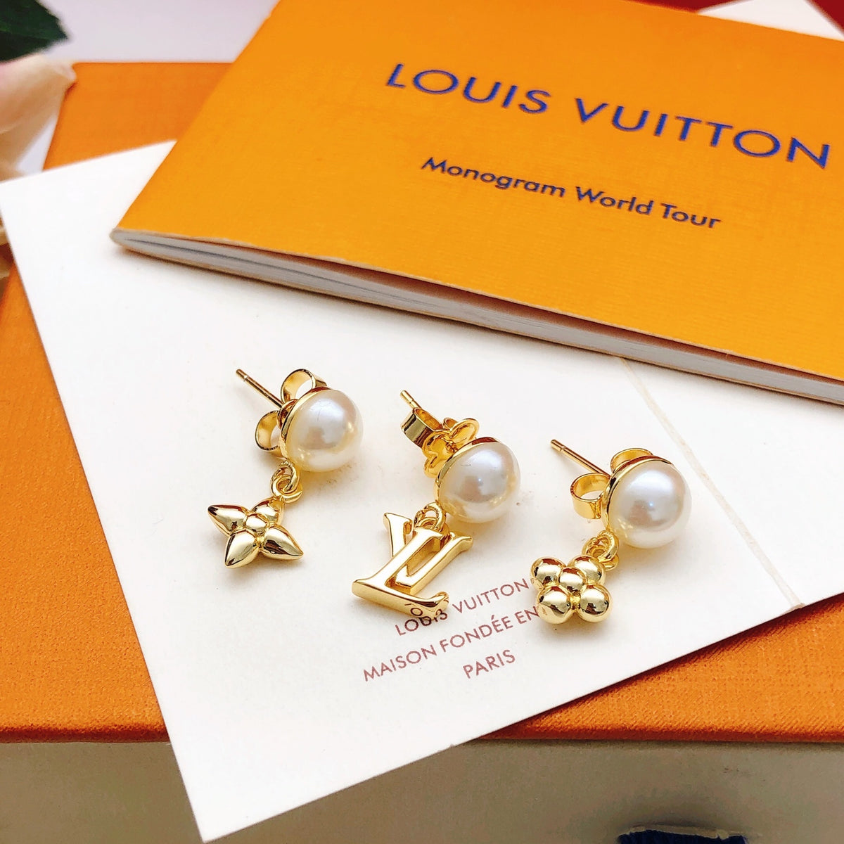 Geometric Emblem Stud Earrings in Gold-Tone – Design 033 detail view