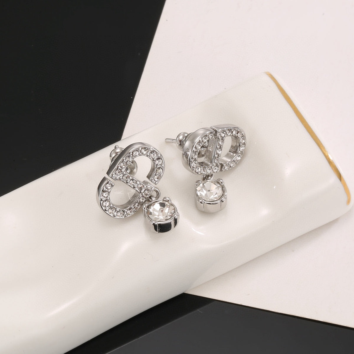 Graphic Letter Motif Stud Earrings in Polished Metal-Tone with Vintage-Style Finish – Design 007 detail view