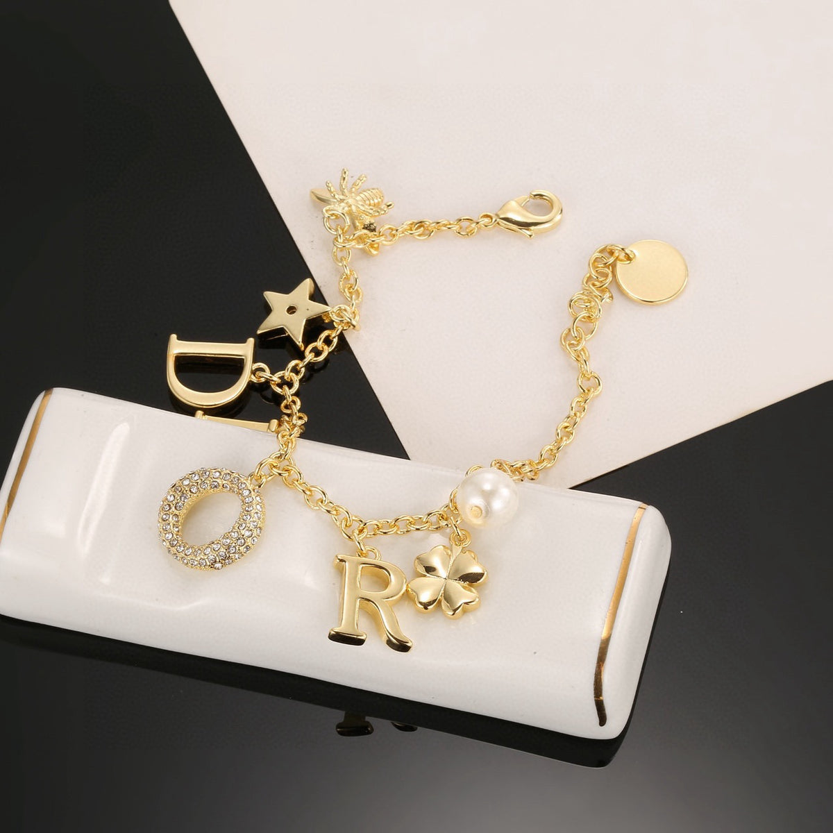 Graphic Letter Motif Statement Bracelet in Polished Metal-Tone with Vintage-Style Finish – Design 001 side detail