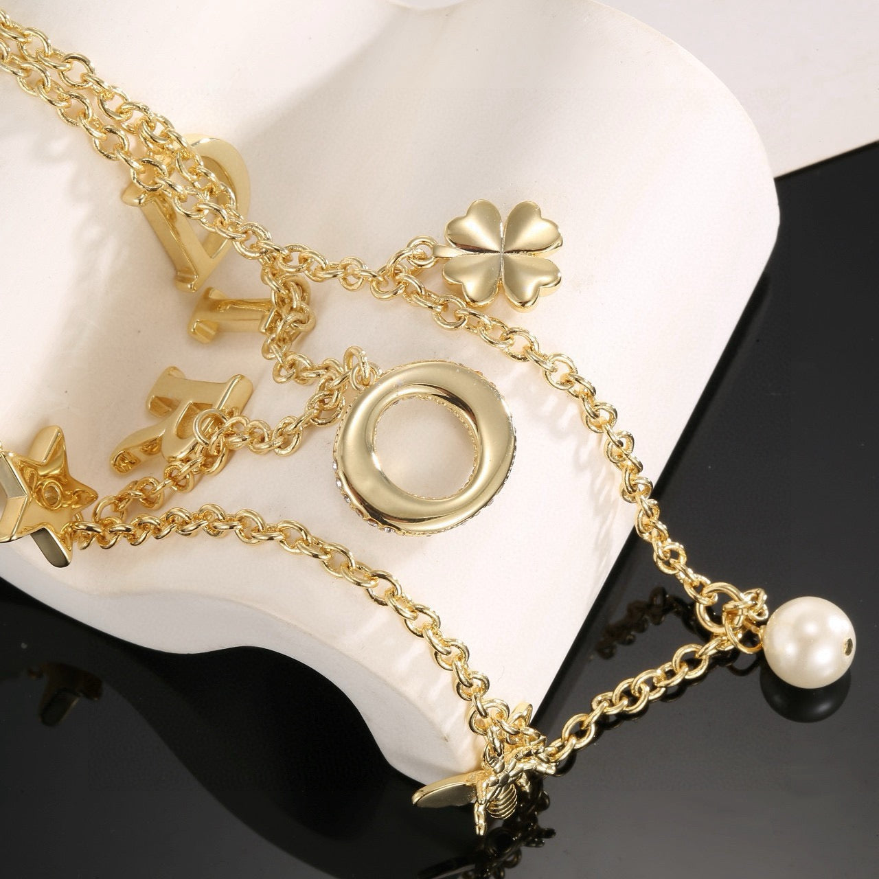 Graphic Letter Motif Pendant Necklace in Gold-Tone with Crystal-Style Accents – Design 001 side detail