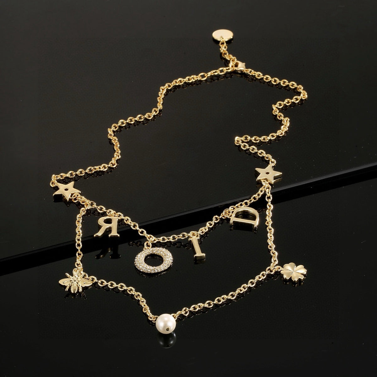 Graphic Letter Motif Pendant Necklace in Gold-Tone with Crystal-Style Accents – Design 001 styled view