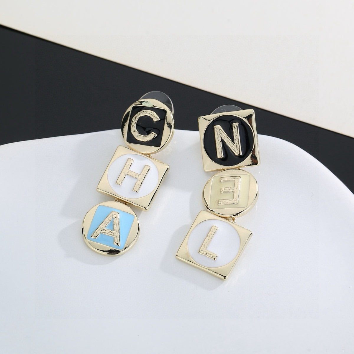 Letter Stud Earrings in Polished Metal-Tone – Design 008 detail view