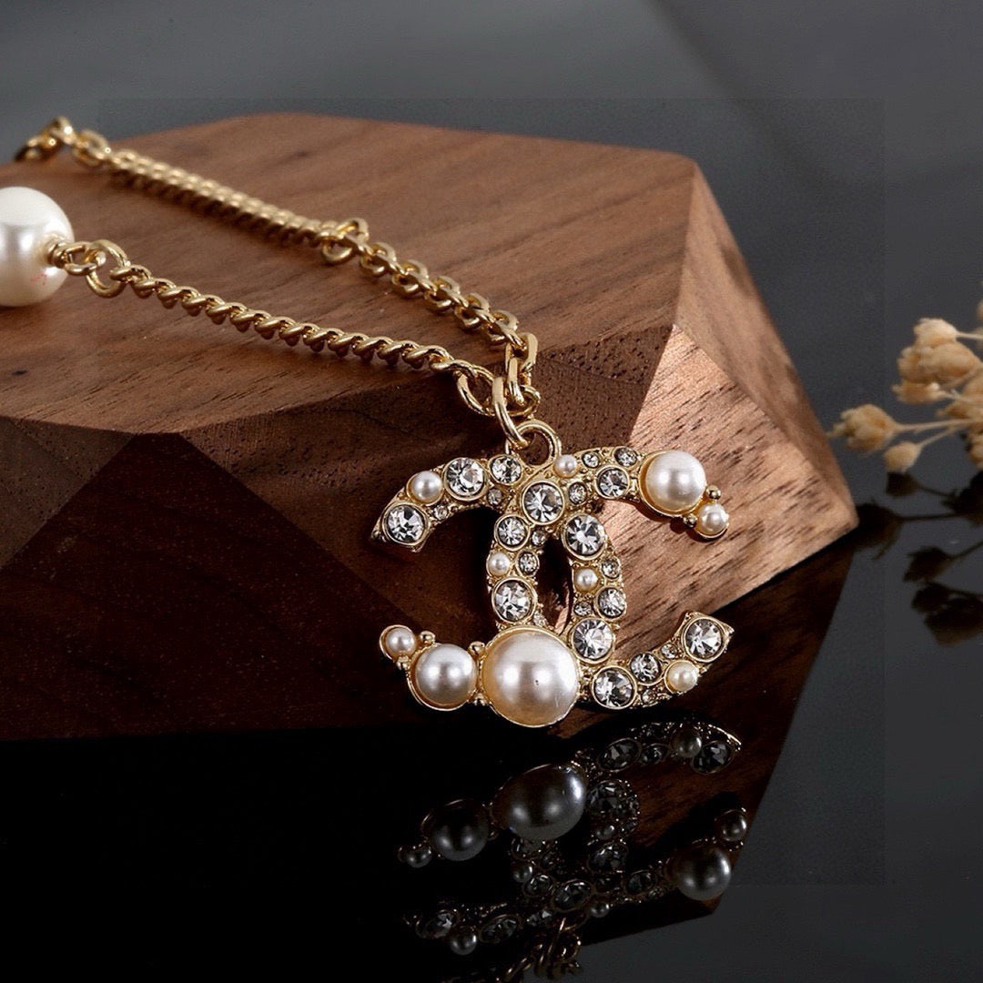 Double-C Emblem Pearl-Detail Pendant Necklace – Pearl Detail – Design 041 main product view