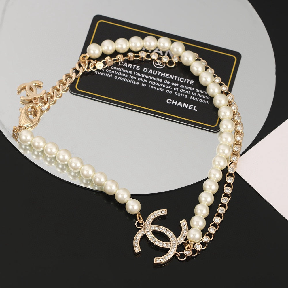 Double-C Emblem Pearl-Detail Pendant Necklace – Pearl Detail – Design 031 front product view