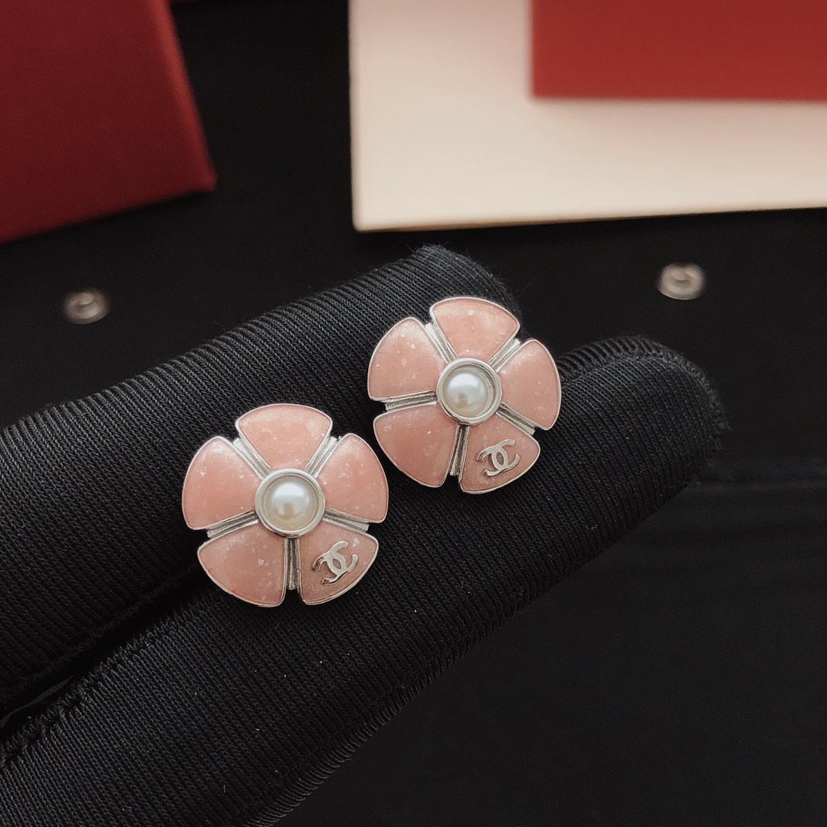 Camellia Stud Earrings in Gold-Tone – Camellia Detail – Design 004 front product view