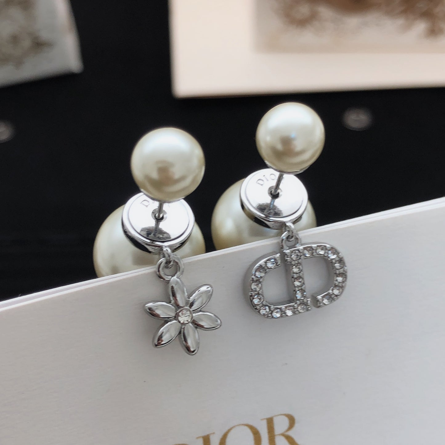 Floral Motif Stud Earrings in Polished Metal-Tone with Crystal-Style Accents – Design 002 front view
