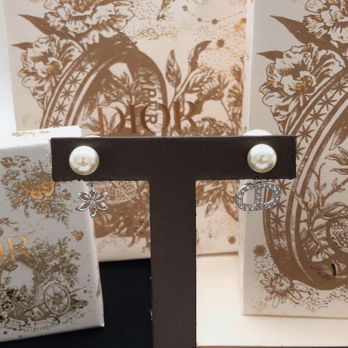 Floral Motif Stud Earrings in Polished Metal-Tone with Crystal-Style Accents – Design 002 main product view