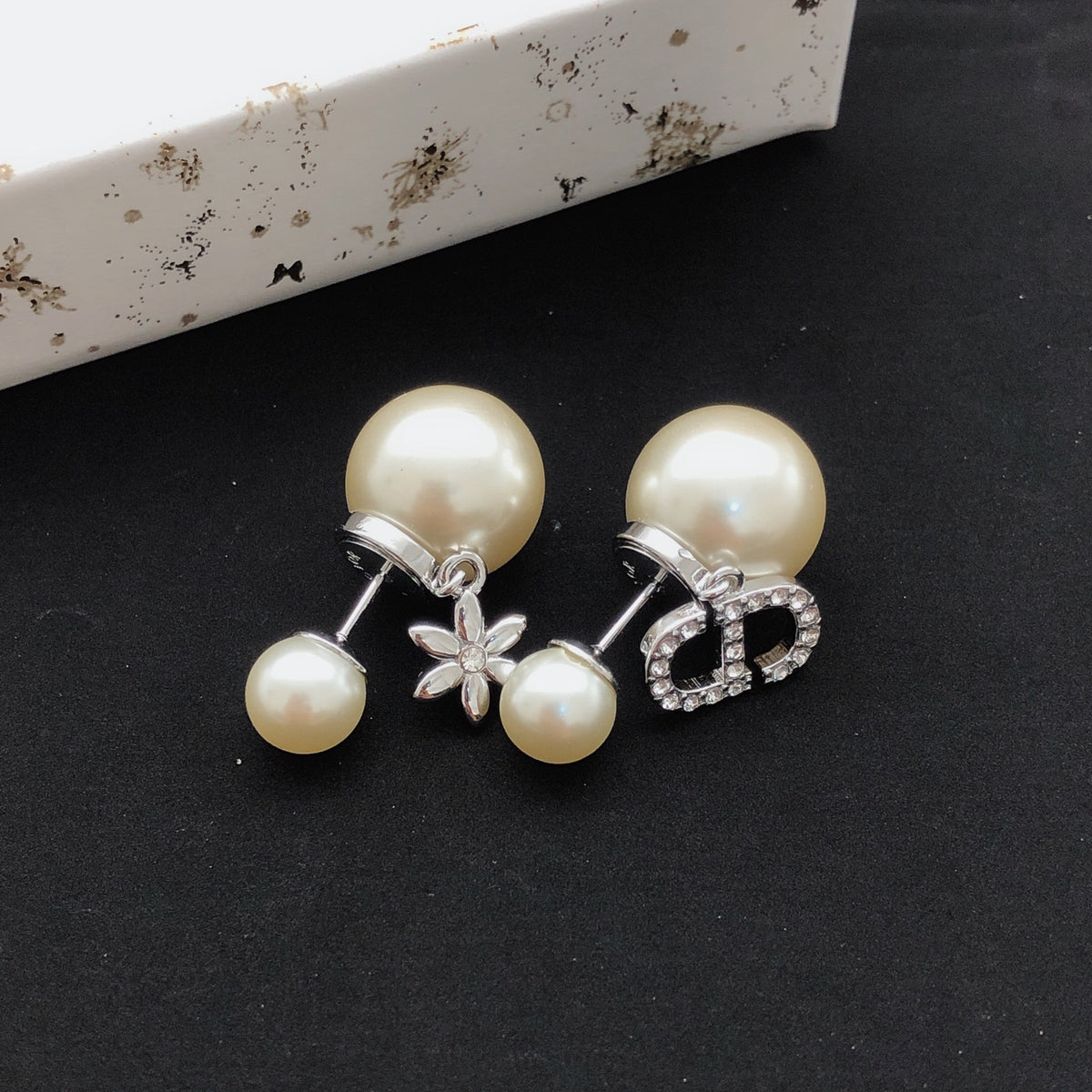 Floral Motif Stud Earrings in Polished Metal-Tone with Crystal-Style Accents – Design 002 close-up detail