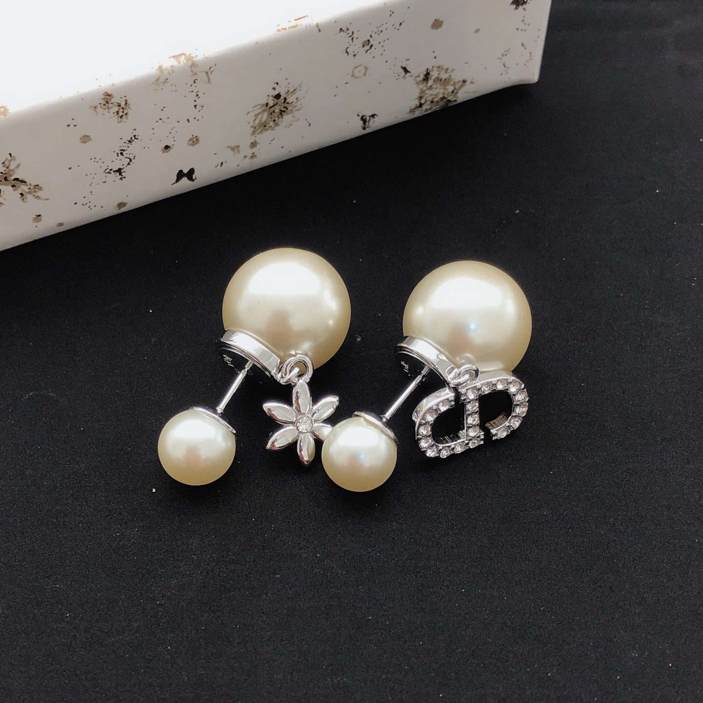 Floral Motif Stud Earrings in Polished Metal-Tone with Crystal-Style Accents – Design 002 close-up detail