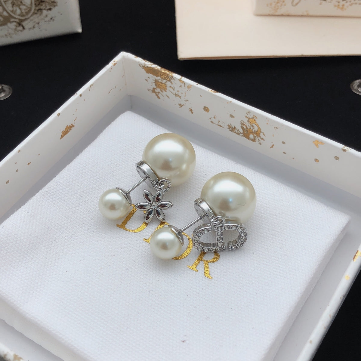 Floral Motif Stud Earrings in Polished Metal-Tone with Crystal-Style Accents – Design 002 side detail