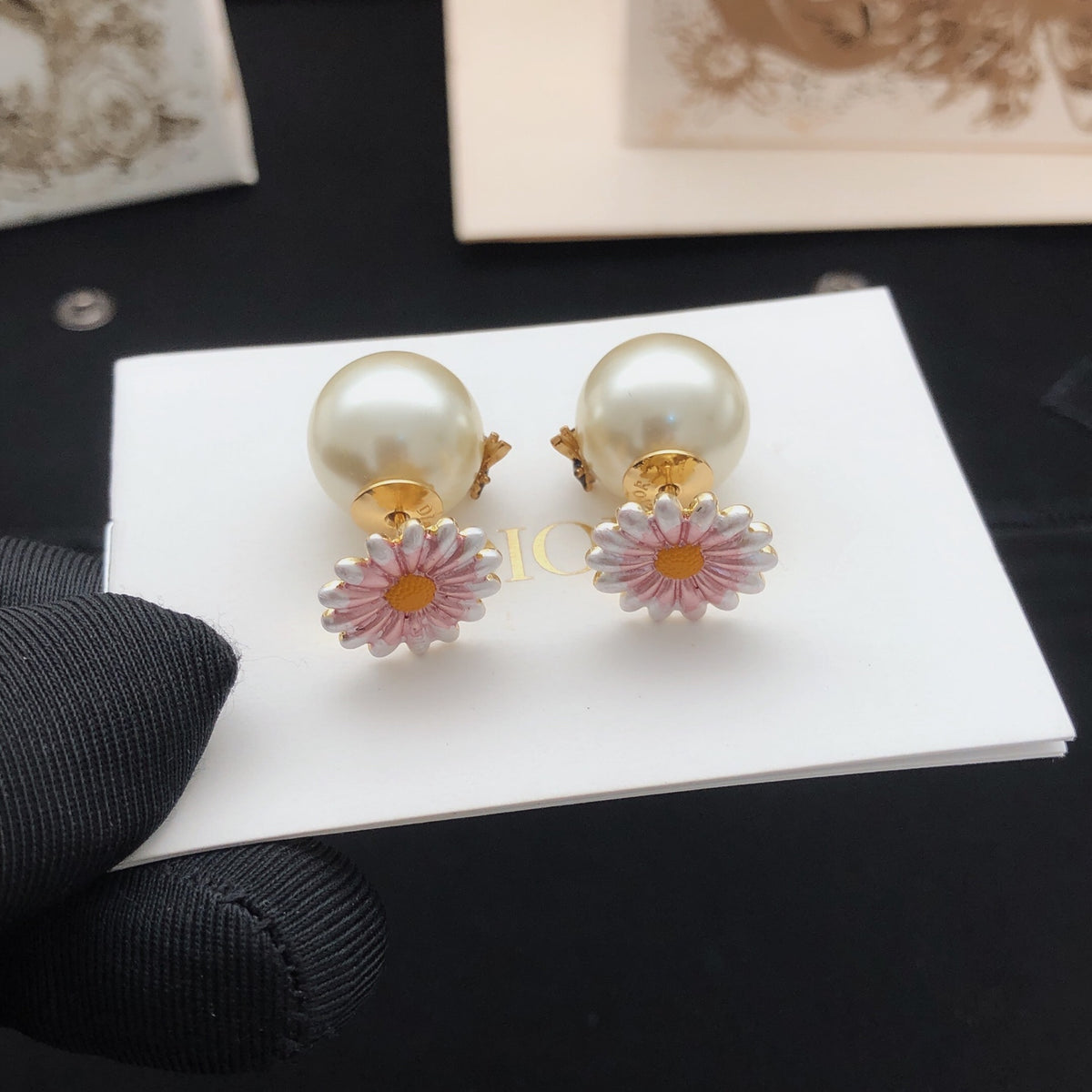 Floral Motif Stud Earrings in Polished Metal-Tone detail view