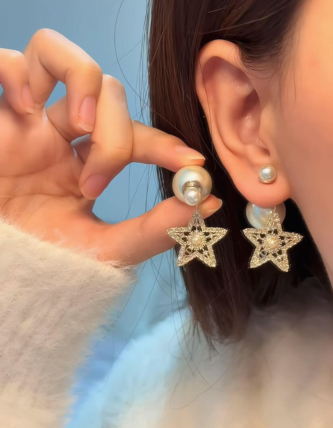 Star Motif Stud Earrings in Polished Metal-Tone – Design 004 styled view