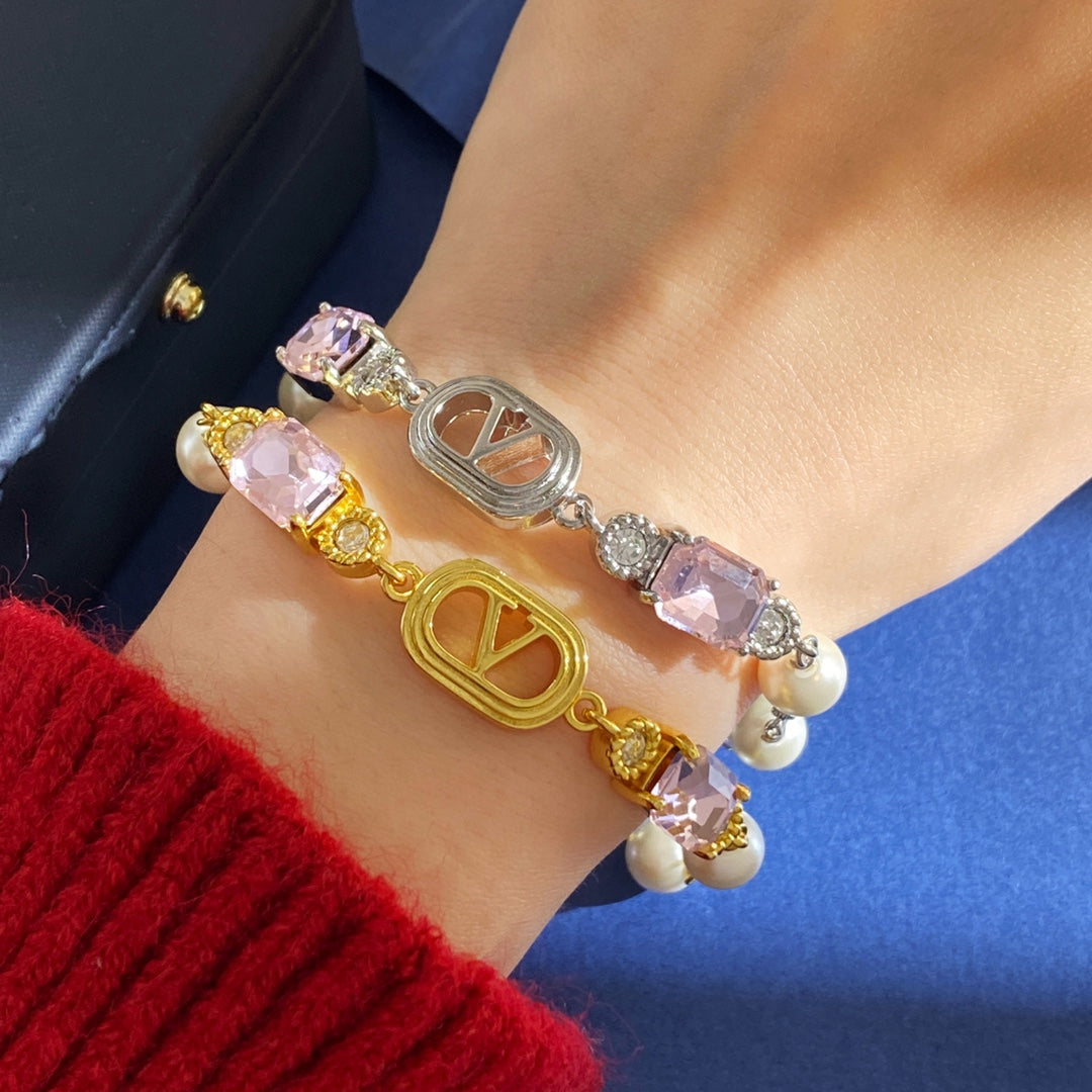 V Emblem Crystal-Accent Bracelet – Pink front view