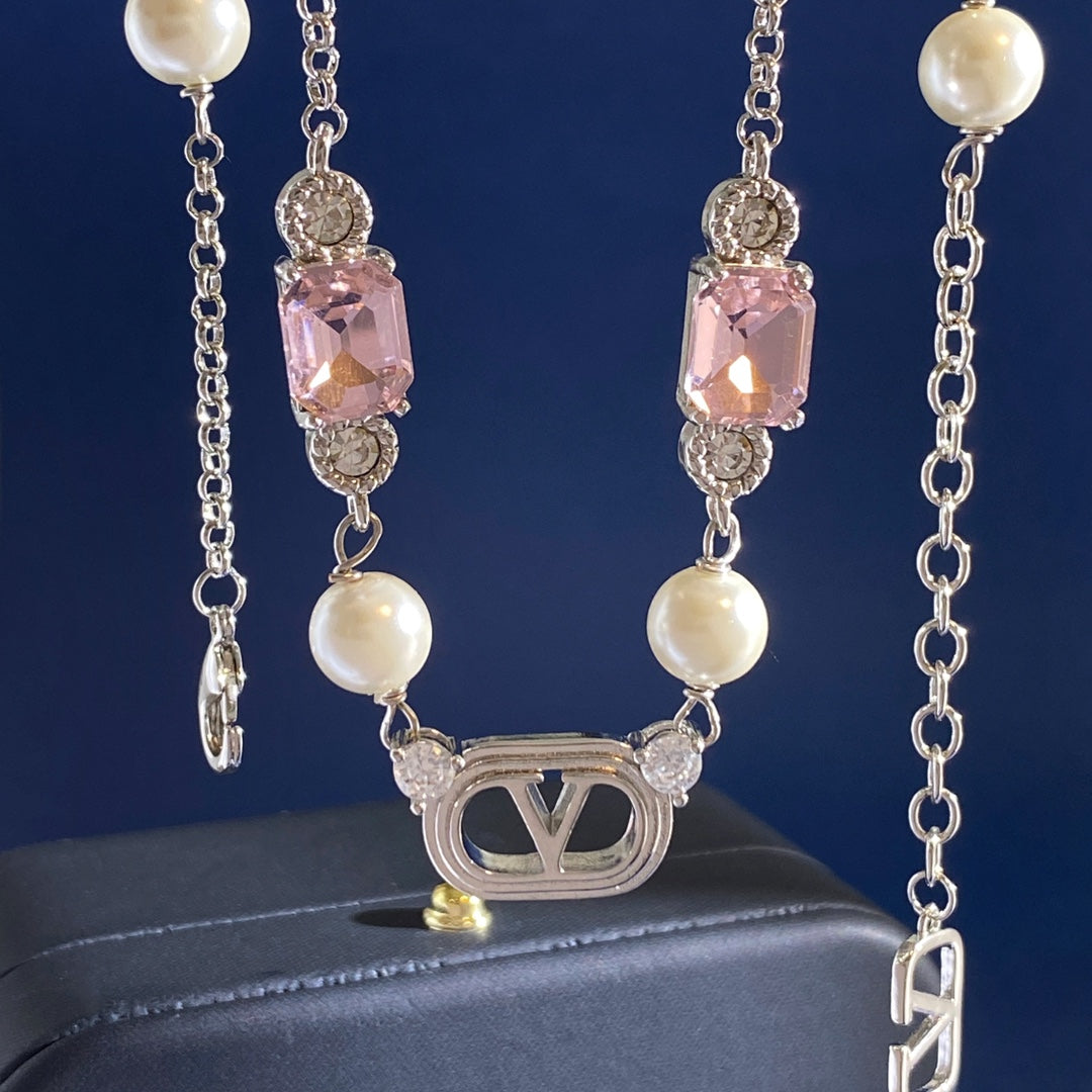 V Emblem Crystal-Accent Pendant Necklace – Pink front view