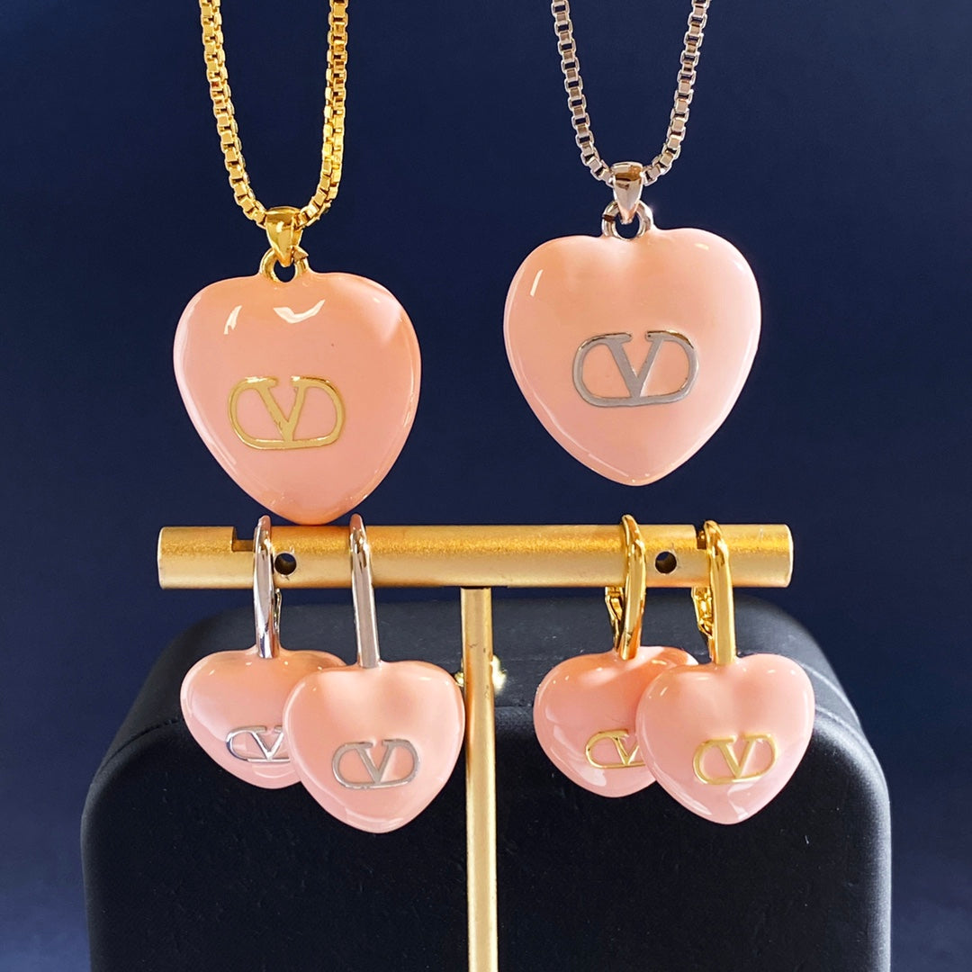 V Emblem Pendant Necklace in Gold-Tone – Pink detail view