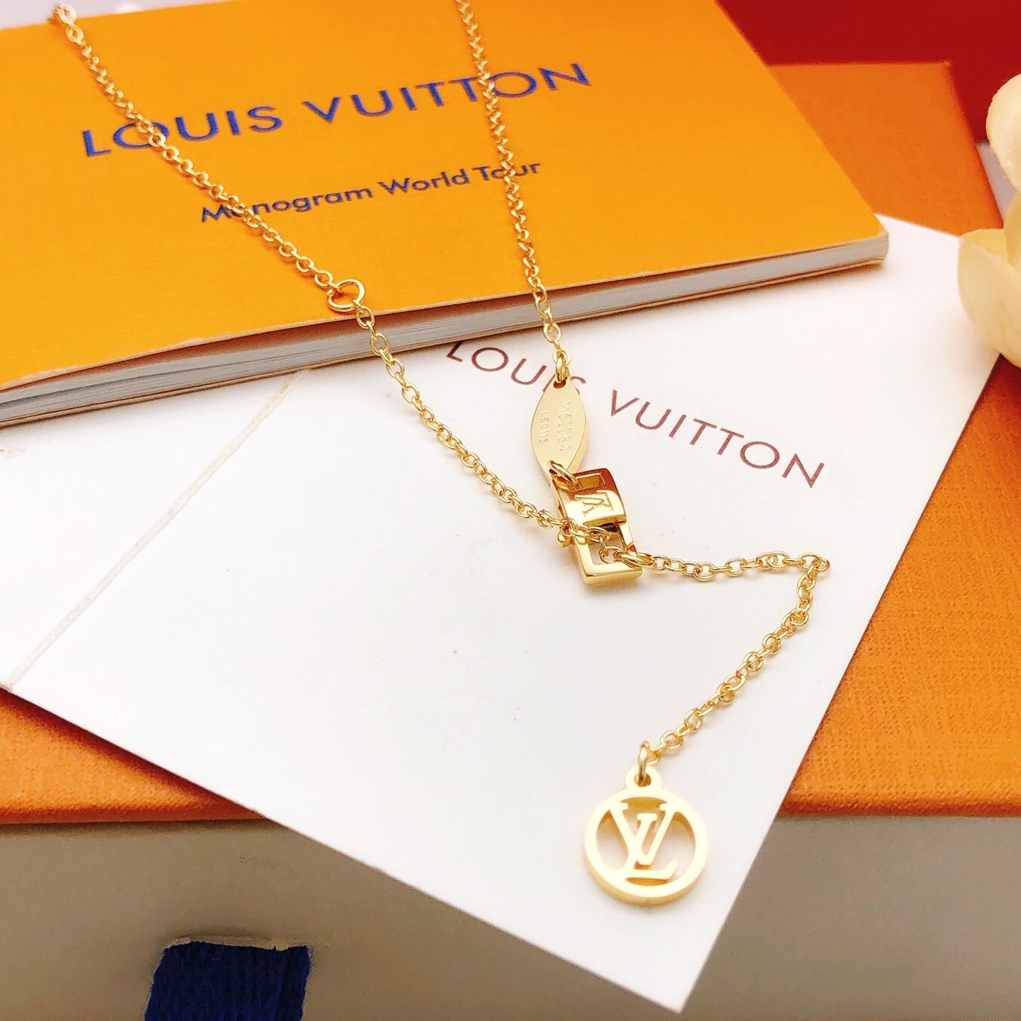 Geometric Emblem Pendant Necklace in Gold-Tone – Design 057 front product view