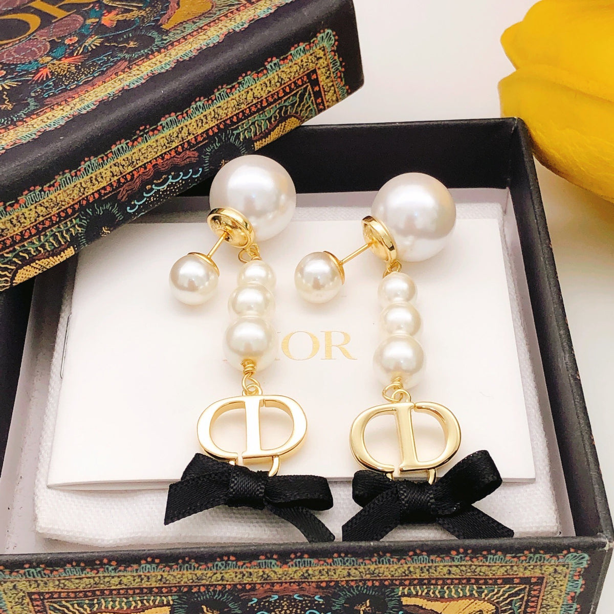 Bow & Butterfly Motif Stud Earrings in Polished Metal-Tone – Design 006 detail view