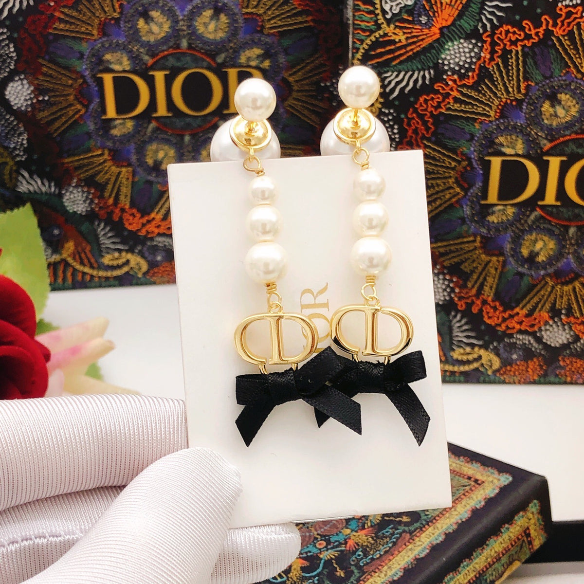 Bow & Butterfly Motif Stud Earrings in Polished Metal-Tone – Design 006 front view