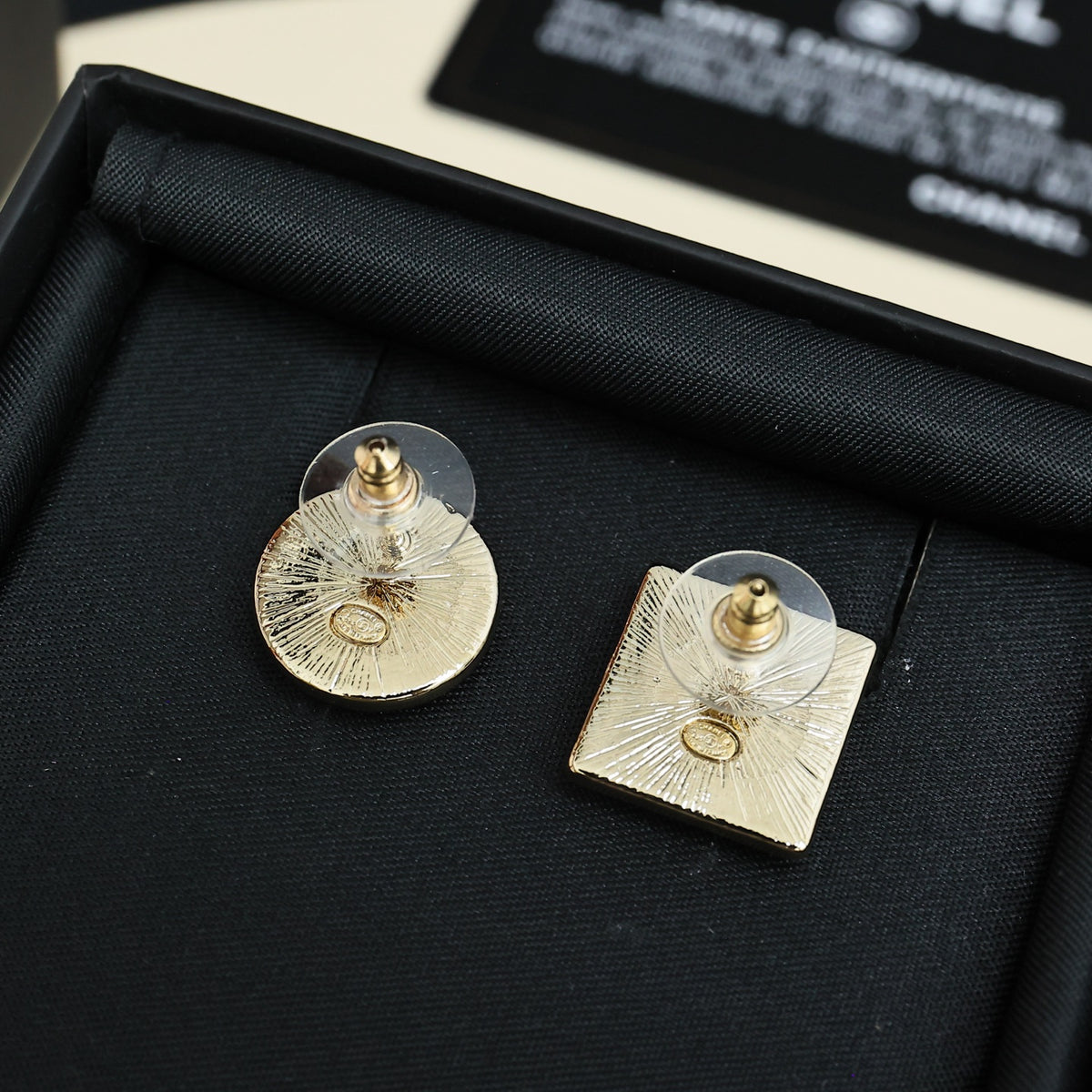 Signature Emblem Stud Earrings in Polished Metal-Tone – Design 025 side detail