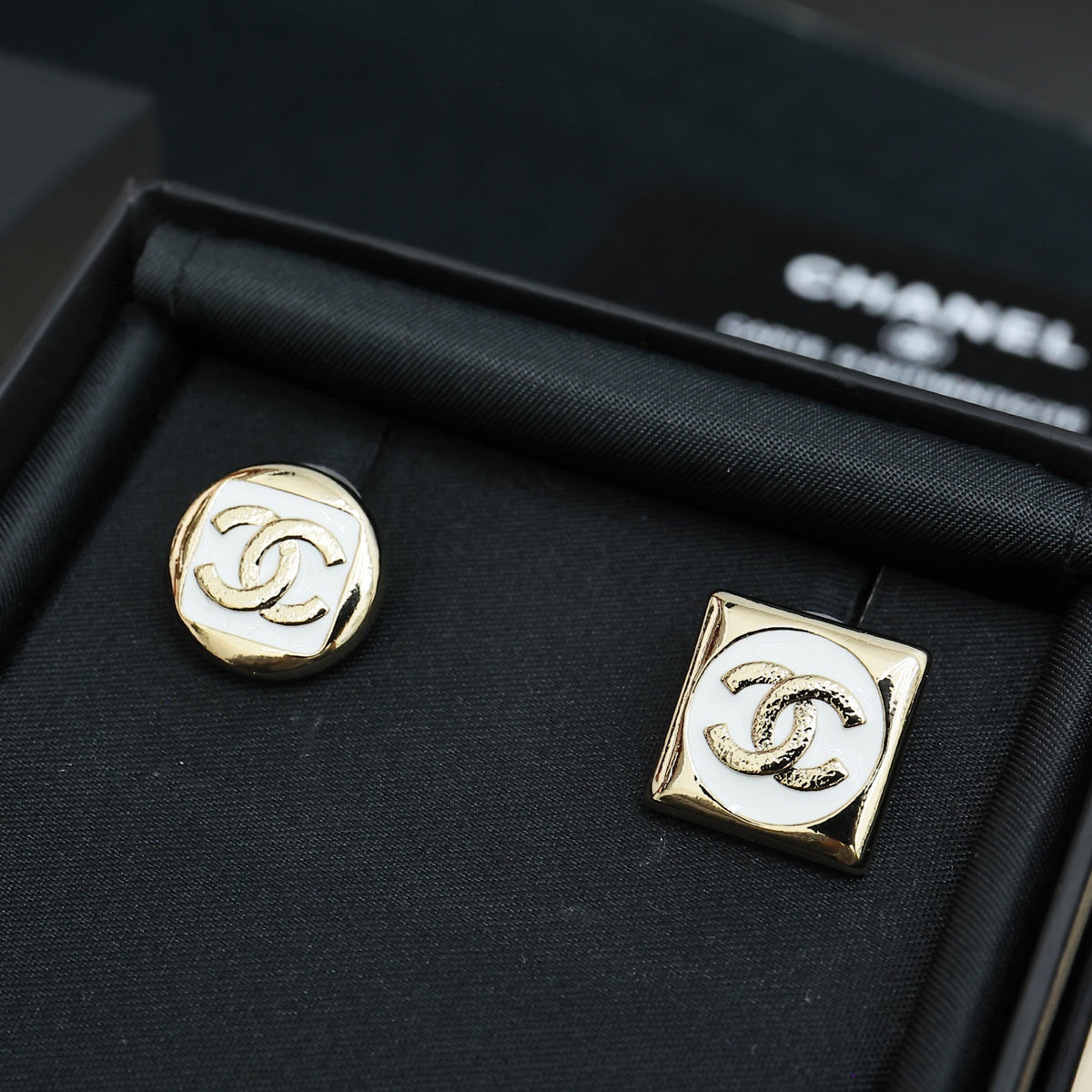 Signature Emblem Stud Earrings in Polished Metal-Tone – Design 025 detail view