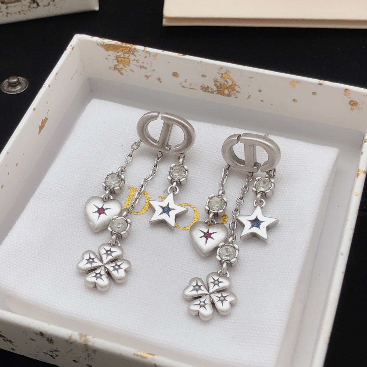 Heart Motif Stud Earrings in Polished Metal-Tone – Design 004 detail view