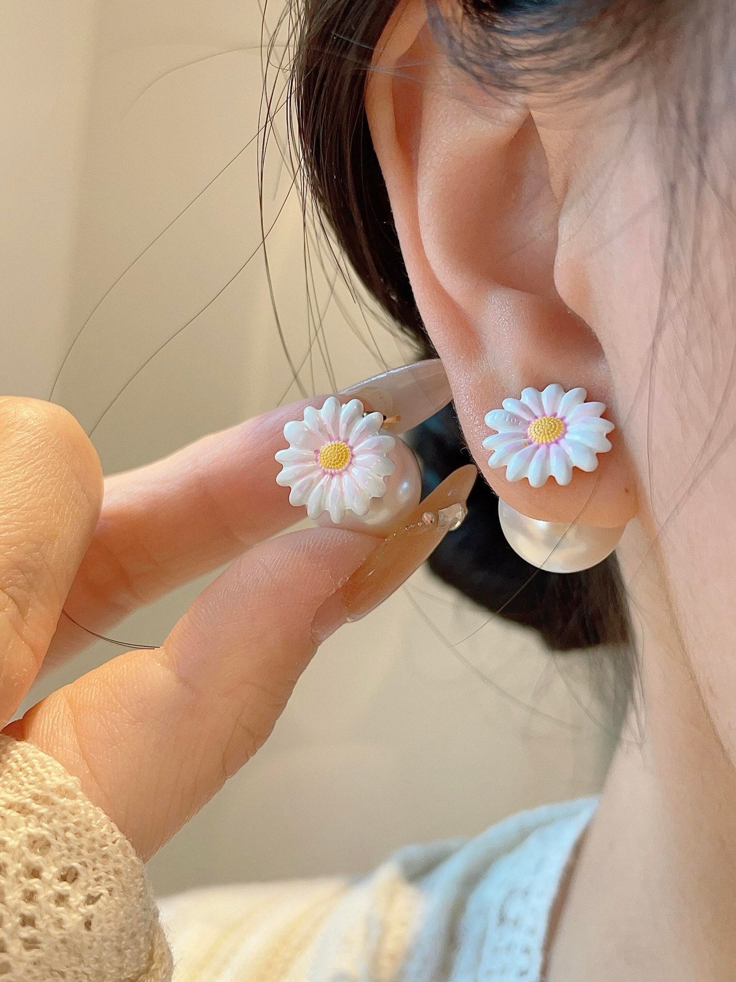 Floral Motif Stud Earrings in Polished Metal-Tone side detail