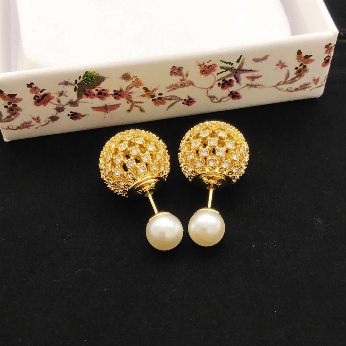Graphic Letter Motif Stud Earrings in Polished Metal-Tone with Crystal-Style Accents – Design 001 front view