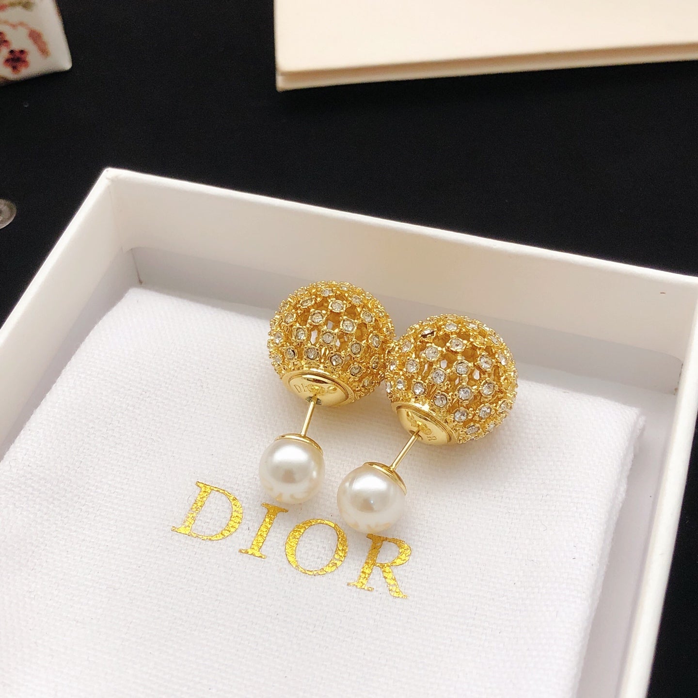 Graphic Letter Motif Stud Earrings in Polished Metal-Tone with Crystal-Style Accents – Design 001 detail view