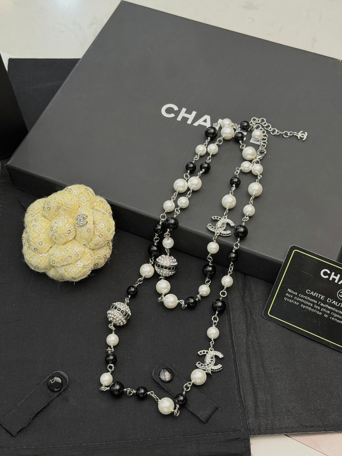 Double-C Emblem Pearl-Detail Pendant Necklace – Pearl Detail – Design 017 side detail