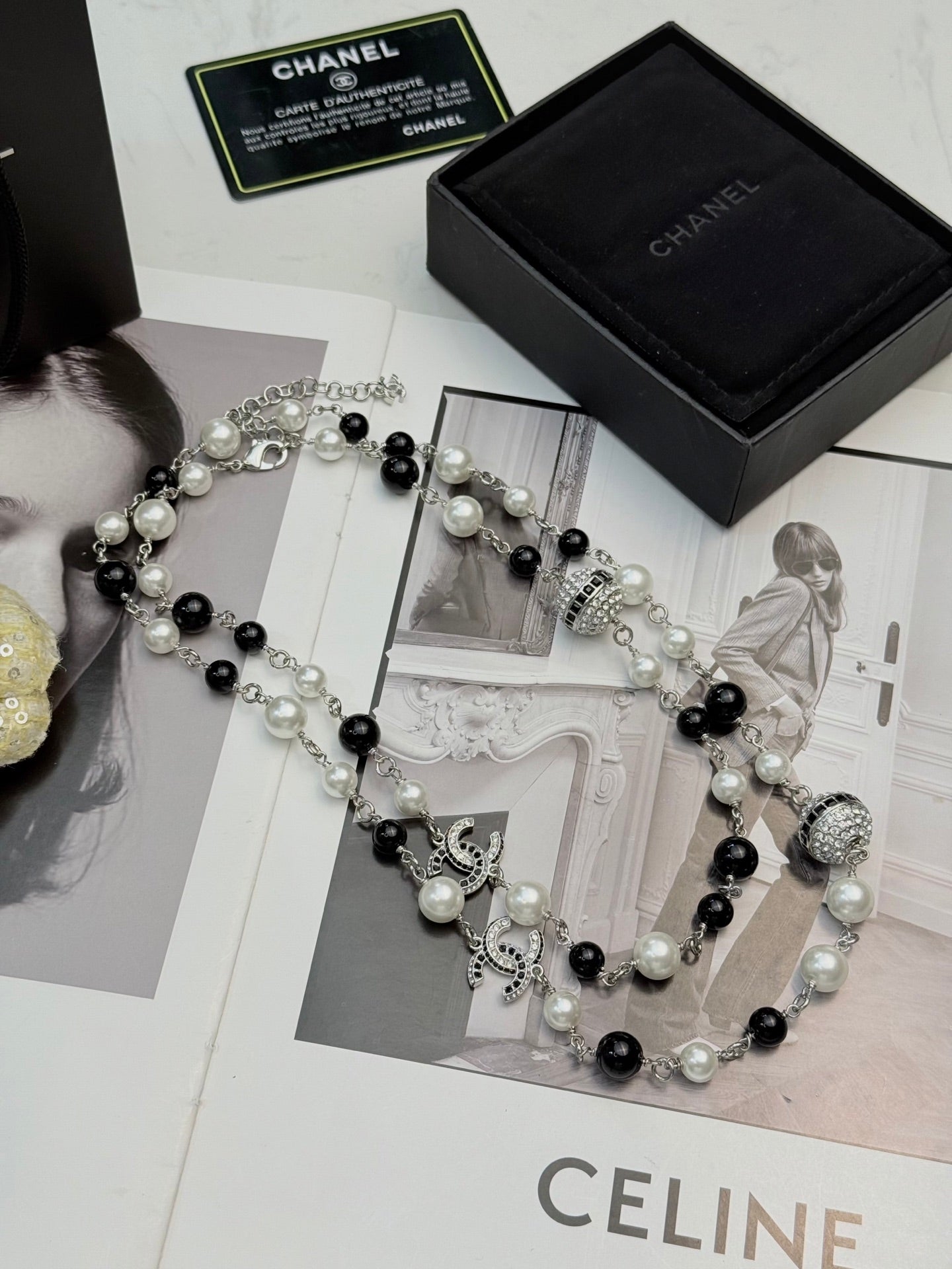 Double-C Emblem Pearl-Detail Pendant Necklace – Pearl Detail – Design 017 front product view