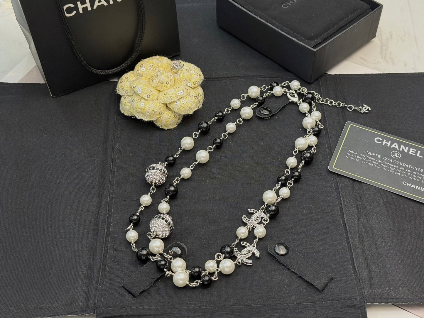 Double-C Emblem Pearl-Detail Pendant Necklace – Pearl Detail – Design 017 close-up detail