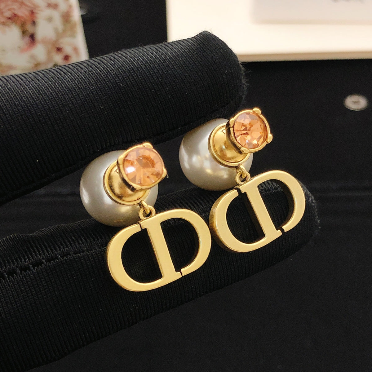 Graphic Letter Motif Stud Earrings in Polished Metal-Tone with Crystal-Style Accents – Design 002 front view