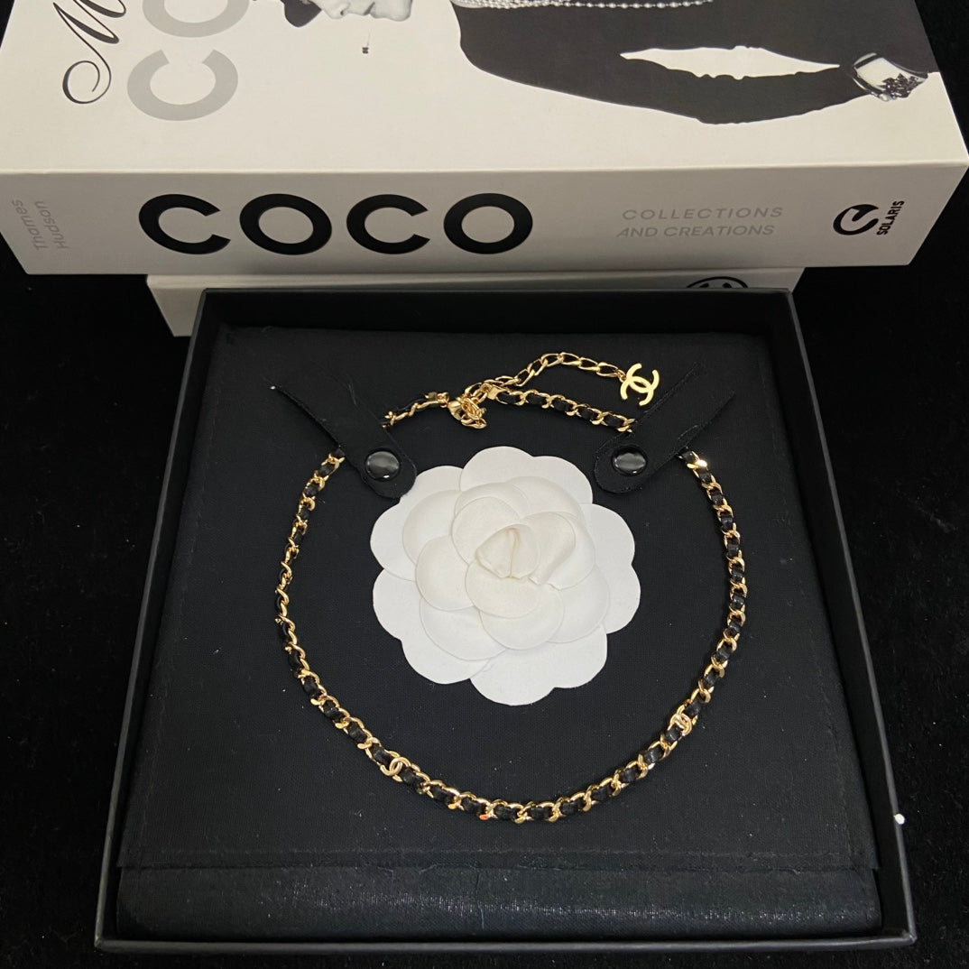 Double-C Emblem Pendant Necklace in Polished Metal-Tone – Black Detail – Design 002 main product view