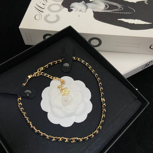 Double-C Emblem Pendant Necklace in Polished Metal-Tone – Black Detail – Design 002 front product view
