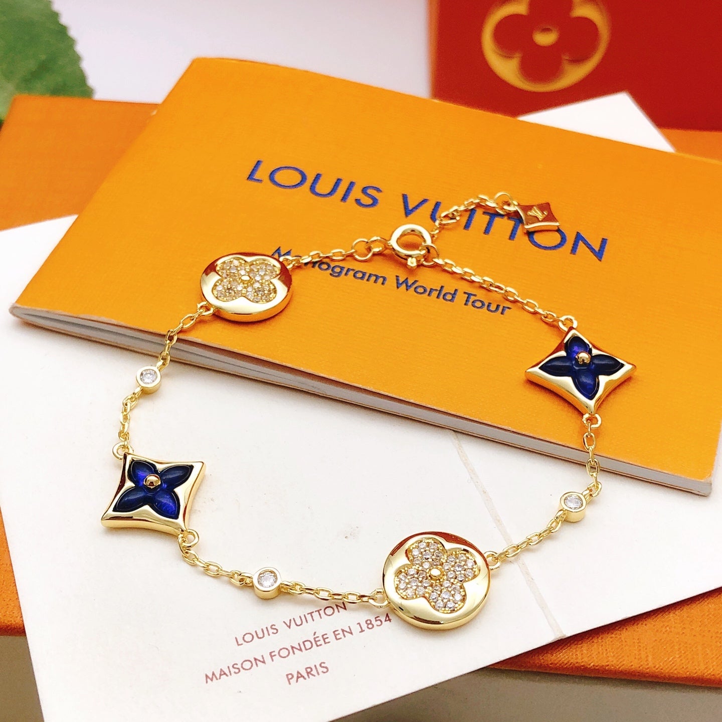 Geometric Emblem Bracelet in Gold-Tone – Blue Detail – Design 009 side detail