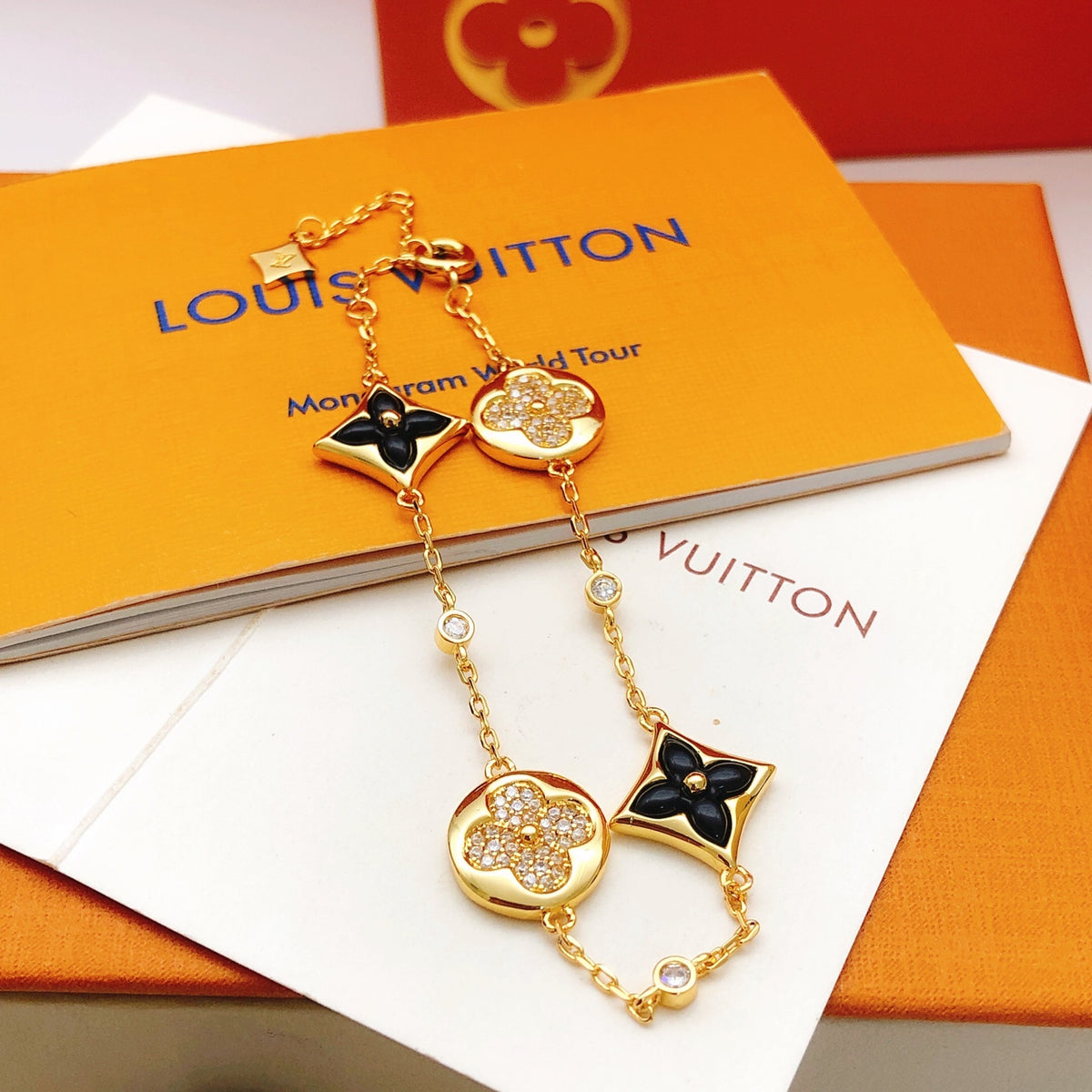 Geometric Emblem Bracelet in Gold-Tone – Black Detail – Design 005 front product view