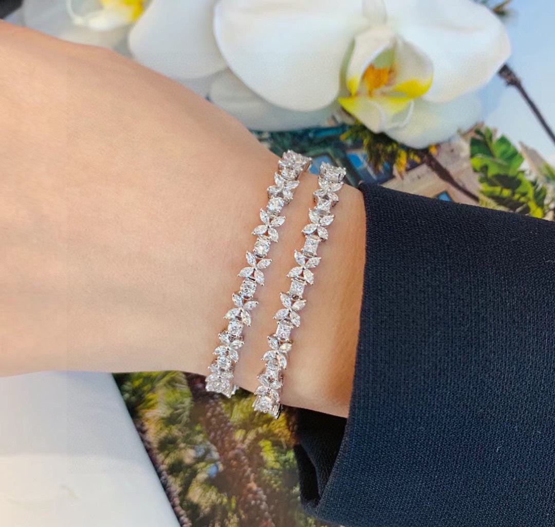 Floral Bracelet in Polished Metal-Tone – Crystal Detail – Design 04 front product view
