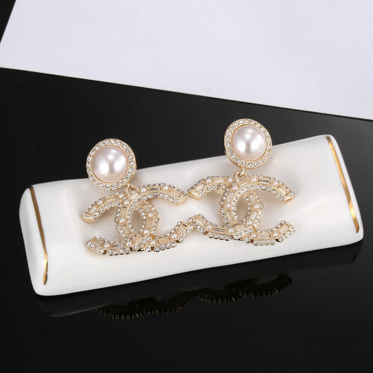 Double-C Emblem Pearl-Detail Stud Earrings – Pearl Detail main product view