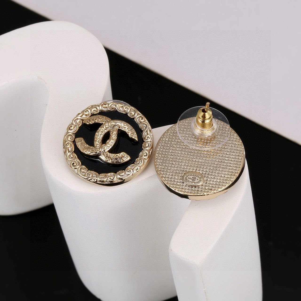 Double-C Emblem Stud Earrings in Black-Tone – Black Detail front product view